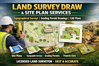 draw land survey, site plan, typographical survey land surveyor stamp 4 permit