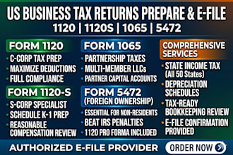 prepare and efile US business tax return 1120 1120s 1065 and 5472