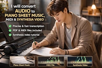 convert audio to piano sheet music, midi, and synthesia video