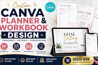 design printable and editable journals, planners and workbooks in canva