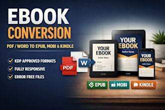 do ebook conversion, pdf, word to epub, mobi and kindle format file convert