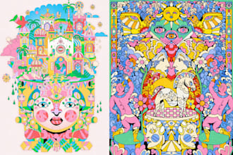 create surreal psychedelic horror art, trippy fantasy illustrations, album cover