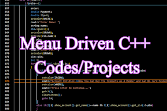 make menu driven c plus plus codes and projects for you