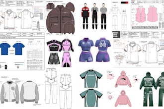 design fashion clothing tech packs of 3d tracksuits, hoodies with flat sketches