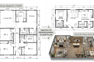 convert sketch, pdf to 2d floor plan and 3d floor plan redraw with autocad