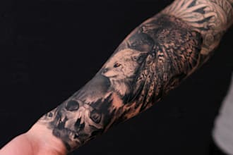 create a custom tattoo design , tattoo sleeve in realism
