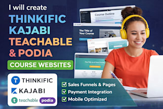 create thinkific online course website, kajabi course website, podia teachable