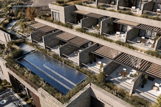 render 3d luxury building,boutique hotel exterior, landscape design,roof garden