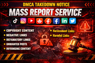 takedown defaming harassing copyright mass report,facebook,insta,youtube x dmca