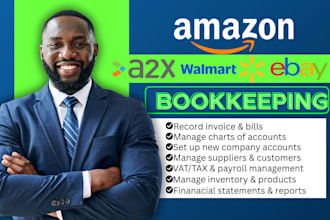 do ecommerce bookkeeping for amazon, shopify, a2x, ebay in quickbook, wave, xero