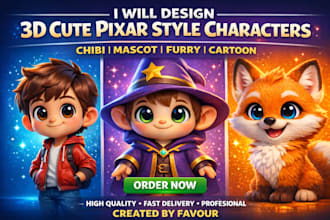 design 3d cute character modeling chibi mascot cartoon fur model in pixar style