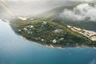 3d resort landscape development,waterfront property,site building,aerial render