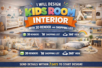 design kids room interior with 3d render and shopping list