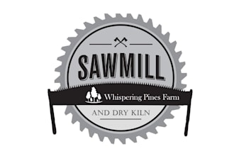 make whispeirng pines farm whimsical logo with sawmill wood