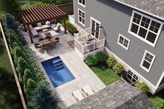 backyard landscape design, 3d rendering, pool patio design, landscape architect