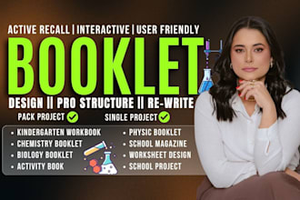 do booklet design for chemistry, physics, biology, kindergarten, kids flashcard