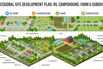 design 2d site plan, 3d landscape render, rv park campground, subdivision layout