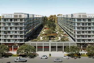 render 3d luxury apartment,mixed use development,landscape courtyard,balconies