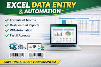 do excel data entry, formulas, dashboards, automation and reporting
