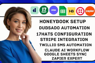 setup honeybook, stripe, twillio, zapier, google sheet 17hat, dubsado, claude ai