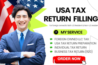 file USA tax return for personal, corporate llc, c corps, s corps, partnership