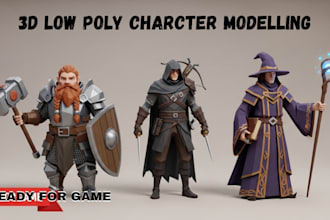 create low poly 3d character modeling and rigging for games animation, asset