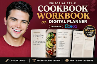 design editorial style cookbook workbook or digital planner on canva