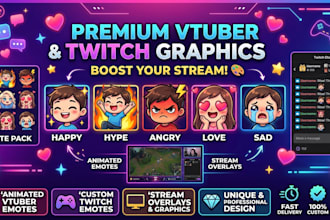design animated vtuber emotes, twitch emotes, overlays and stream graphics