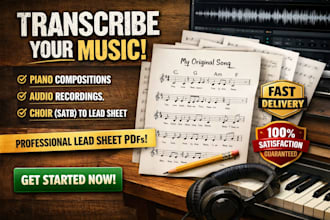 transcribe your piano composition, audio recording, choir satb to lead sheet pdf