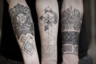 do black and white geometric custom tattoo, monoline logo