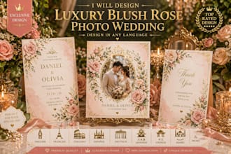 design luxury blush rose photo wedding, event invitations front and back