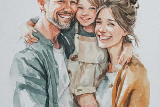 draw watercolor family portrait painting from combine photo