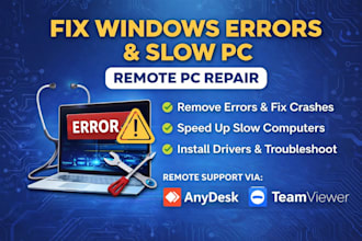 fix windows errors, slow PC and issues via remote support