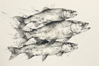 do hand drawn fish art and monochrome hunting design