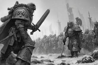 create dark, detailed warhammer 40k inspired sci fi character and concept art