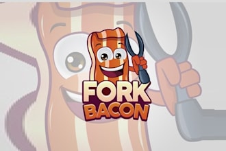creative mascot cartoon food logo for bacons new fork bacon