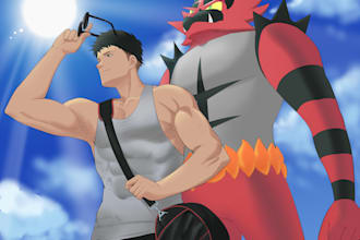 sketch, draw your oc with pokemon or digimon