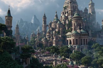 illustrate detailed fantasy cityscapes, no ai