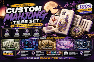 design custom mahjong tiles set in unique themes  with production ready files