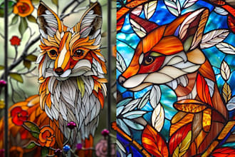 draw colored stained glass art glasswork for cover nature novel animal character
