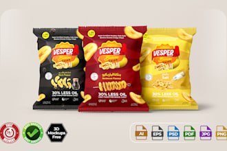 design premium snack packaging, chips pouch, food label