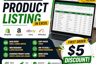 ecommerce product listing, web research and excel work
