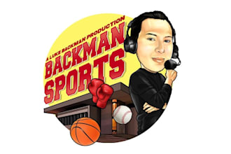 design caricature sports broadcaster behind mic logo