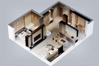 convert 2d plan,blueprint to 3drender floorplan,modern luxury apartment interior