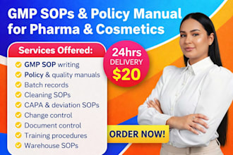 write gmp compliant sops and policy manual for pharma and cosmetics