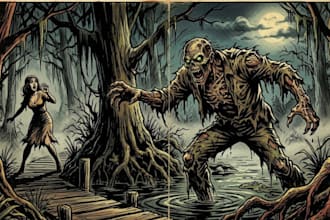 draw vintage comic, retro horror illustration, comic cover or poster