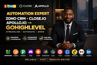 zoho crm developer, close io, apollo io automation pipedrive gohighlevel crm