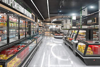 create realistic 3d supermarket design, grocery store interior, retail layout