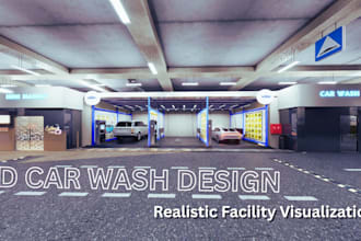 design a 3d car wash facility, self service, automatic car wash and wash bay