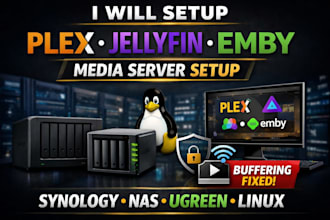 setup plex, jellyfin, emby media server on synology, nas, ugreen and linux